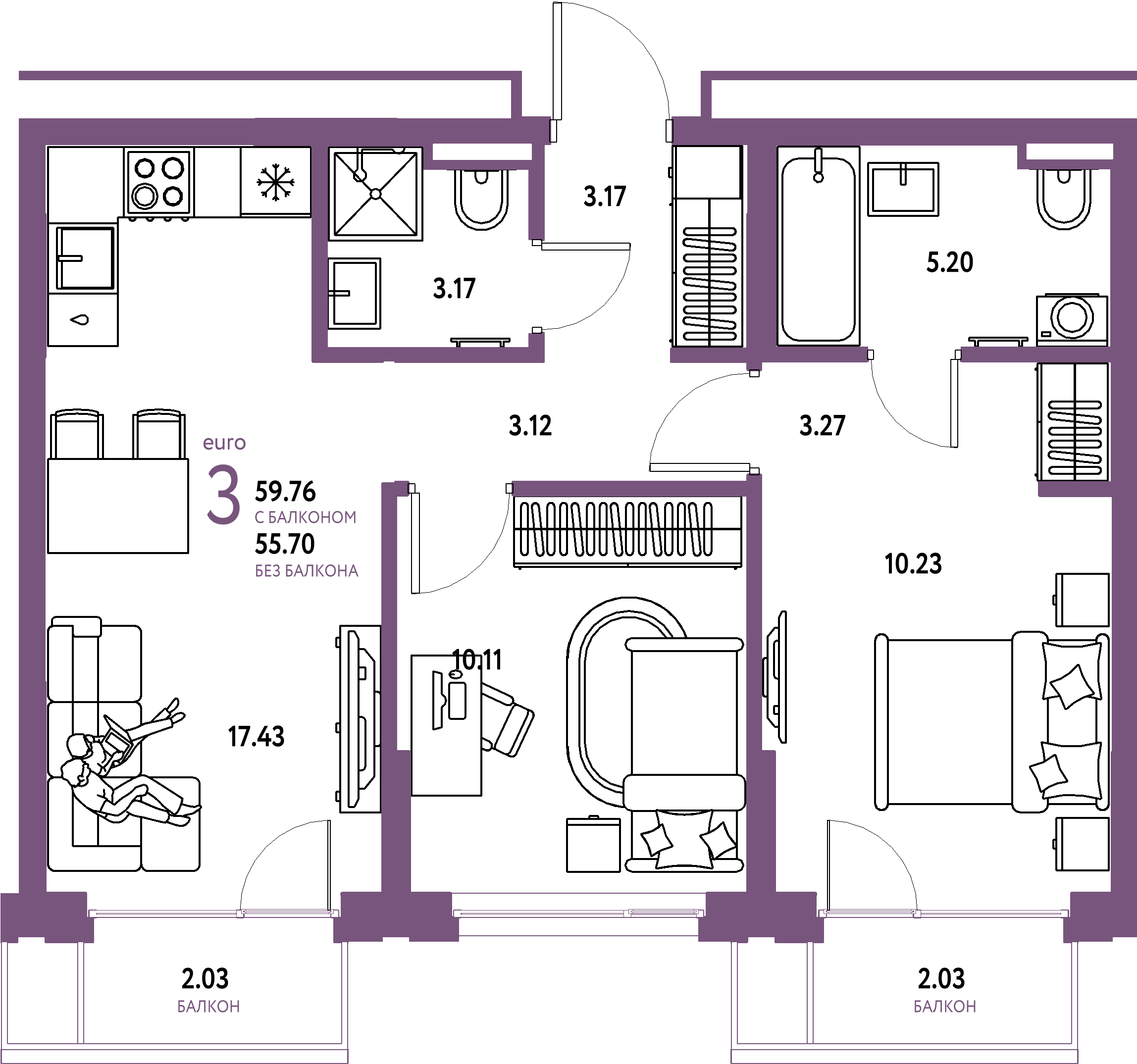 Планировка: Евротрёшка 59,76 м² в ЖК «Страна.Прибрежная»