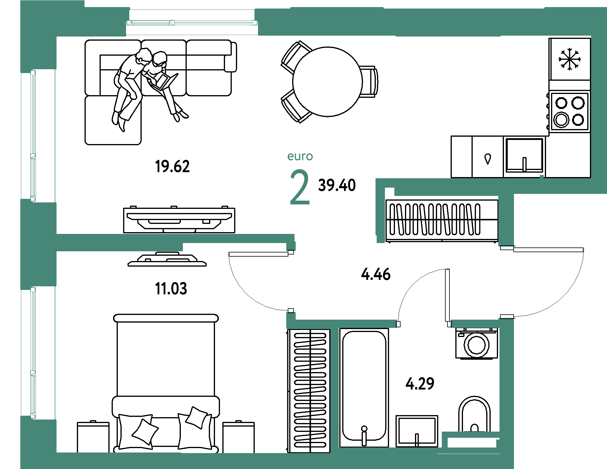 Планировка: Евродвушка 39,4 м² в ЖК «Остров-сад»