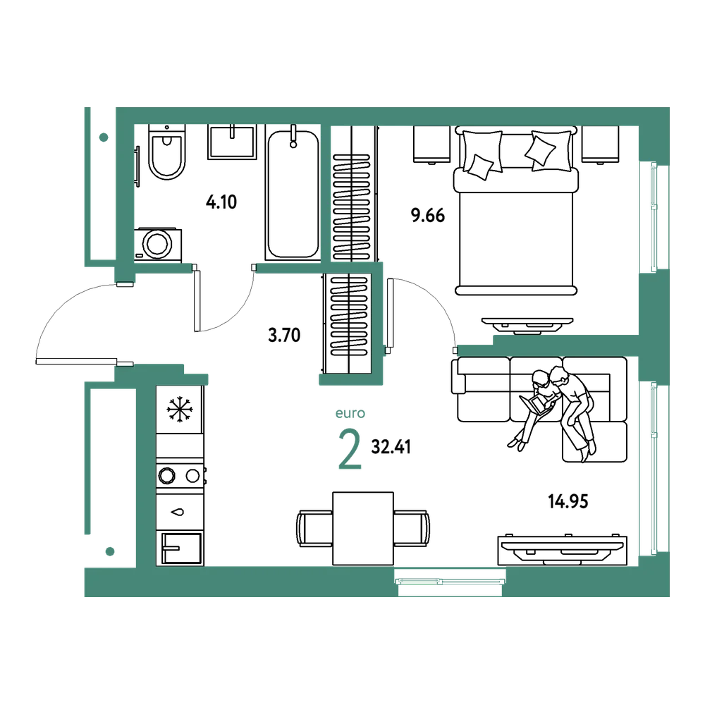 Планировка: Евродвушка 32,41 м²