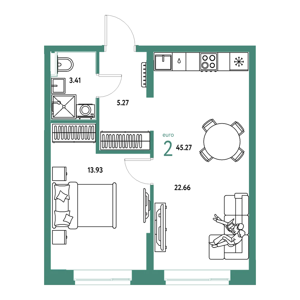 Планировка: Евродвушка 45,27 м²