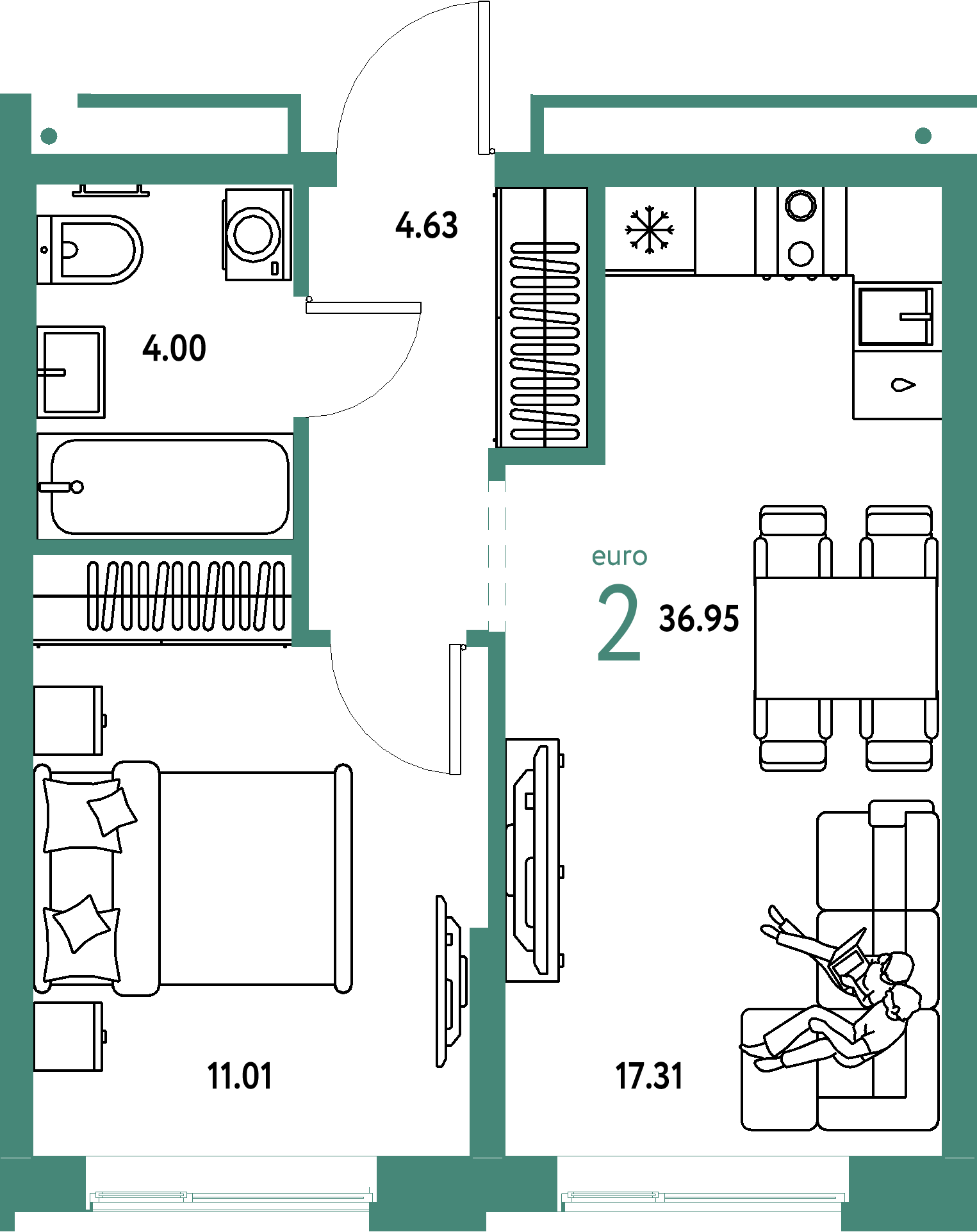Планировка: Евродвушка 36,95 м² в ЖК «Домашний»