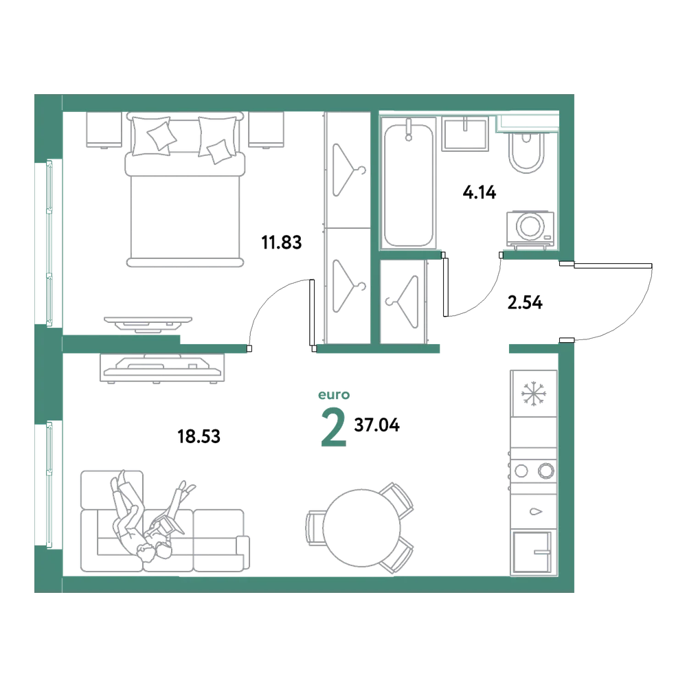 Планировка: Евродвушка 37,04 м²