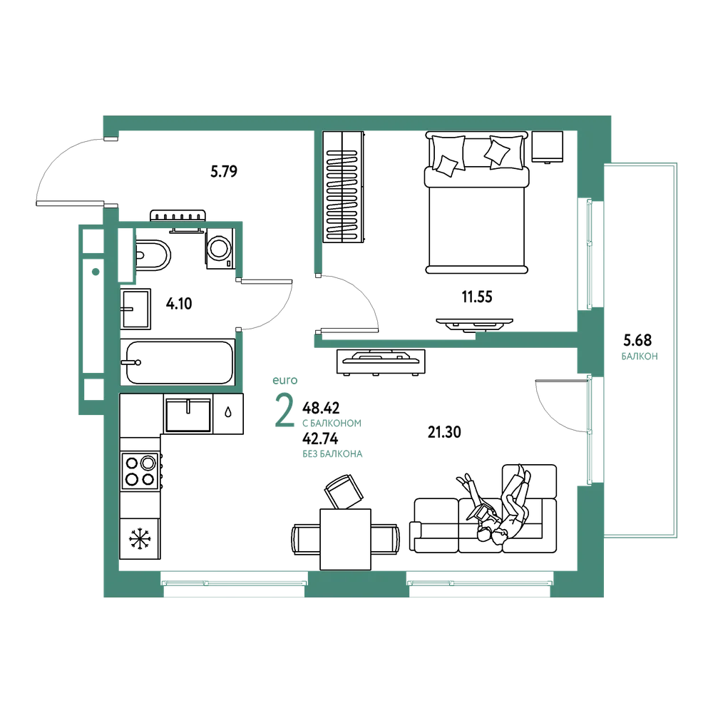Планировка: Евродвушка 48,42 м²