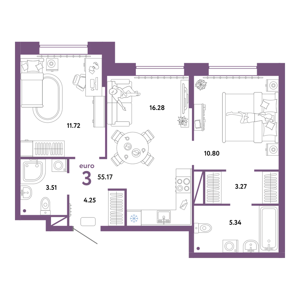 Планировка: Евротрёшка 55,17 м²