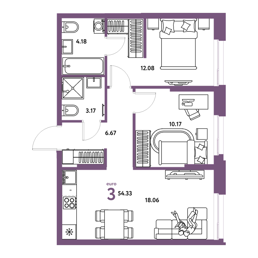 Планировка: Евротрёшка 54,33 м²