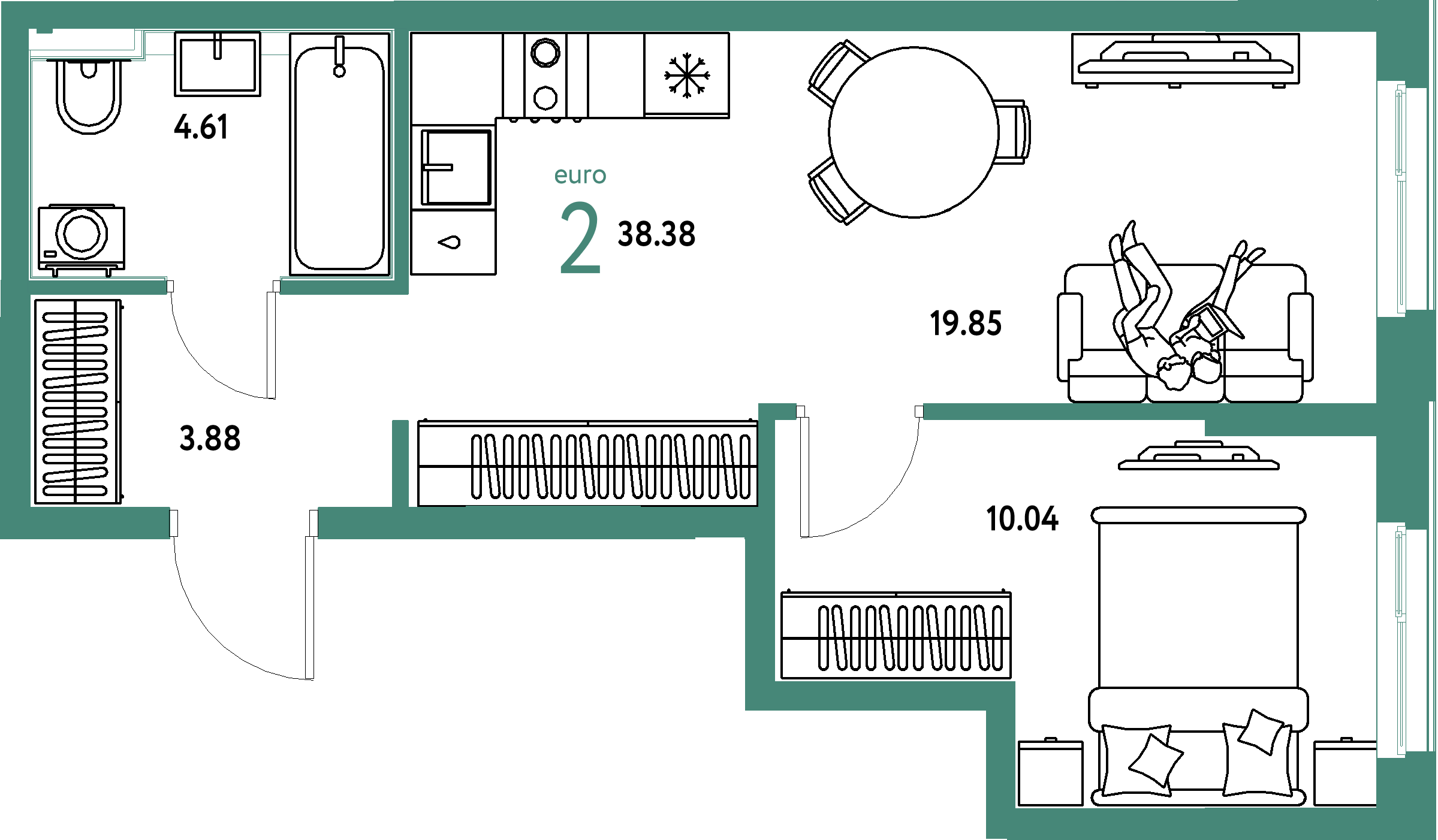 Планировка: Евродвушка 38,38 м² в ЖК «Домашний»