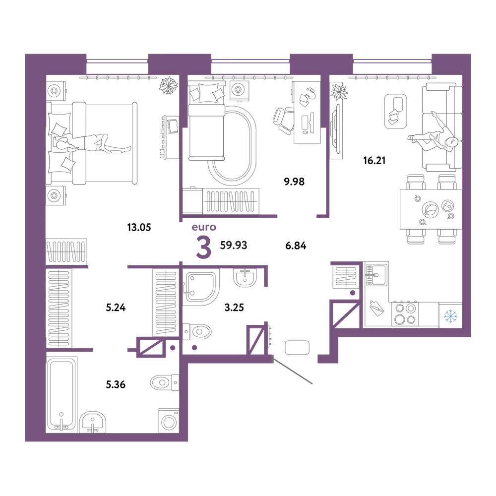 Планировка: 3-комнатная 59,93 м²