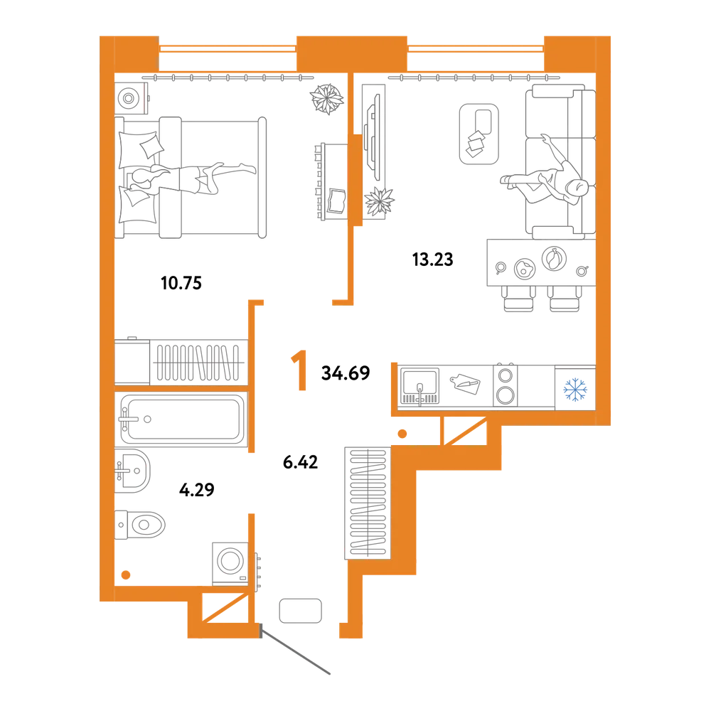 Планировка: 1-комнатная 34,69 м²