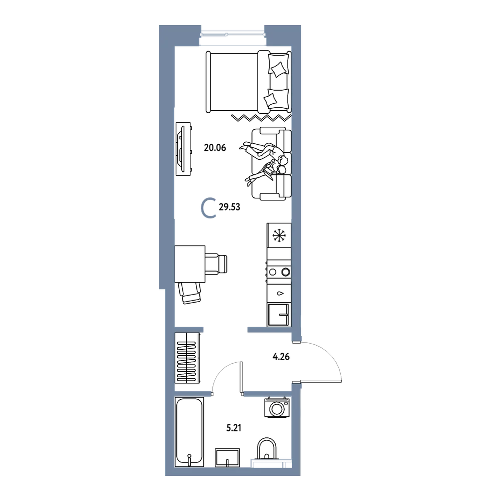Планировка: Студия 29,53 м²