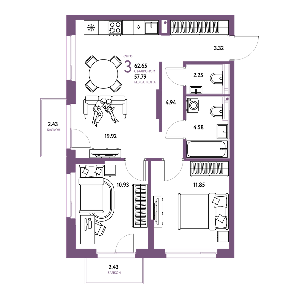 Планировка: Евротрёшка 62,65 м²