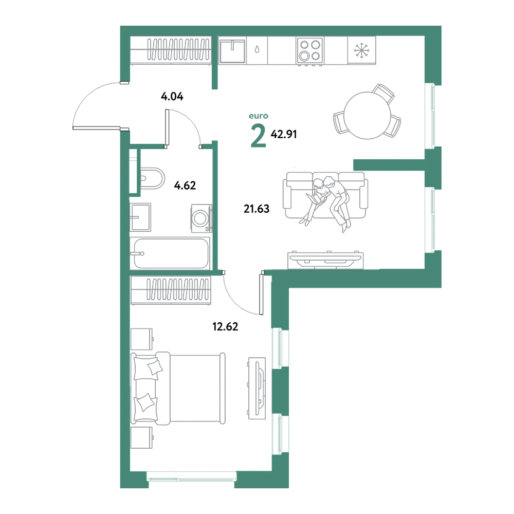 Планировка: Евродвушка 42,91 м²