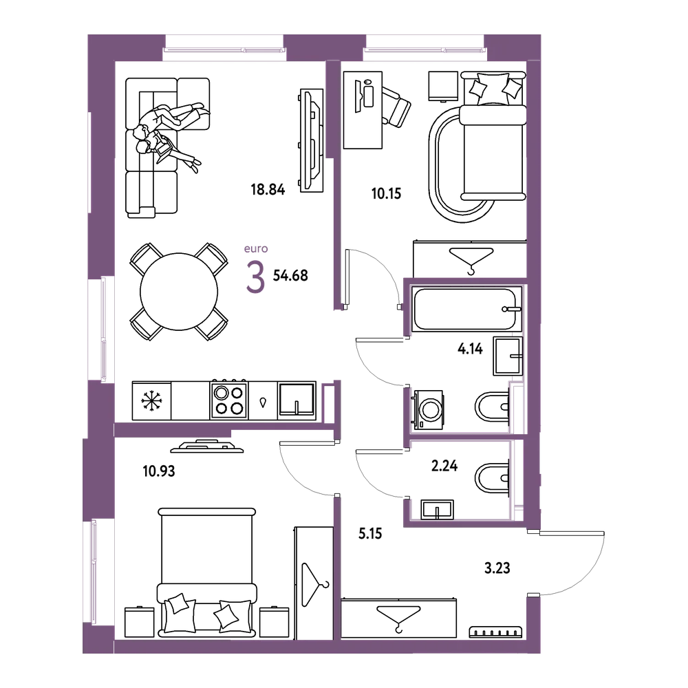 Планировка: Евротрёшка 54,7 м²