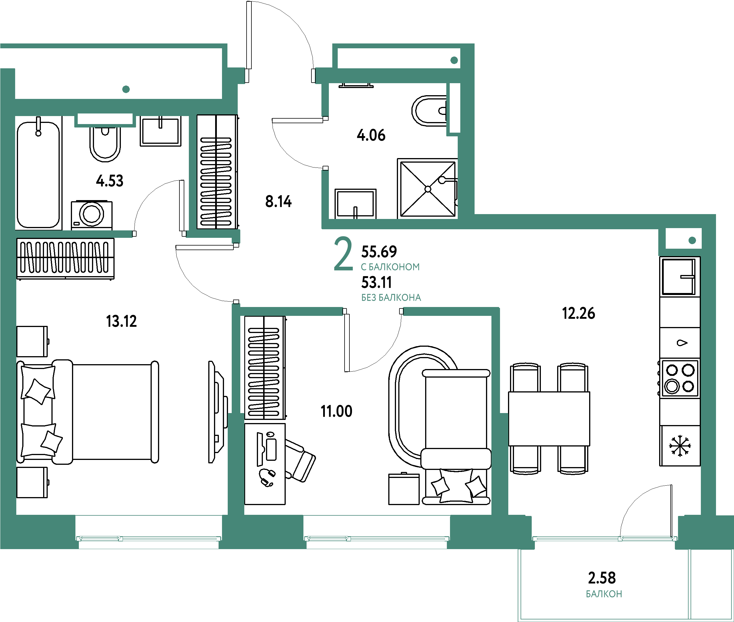 Планировка: 2-комнатная 55,69 м² в ЖК «Авторский»