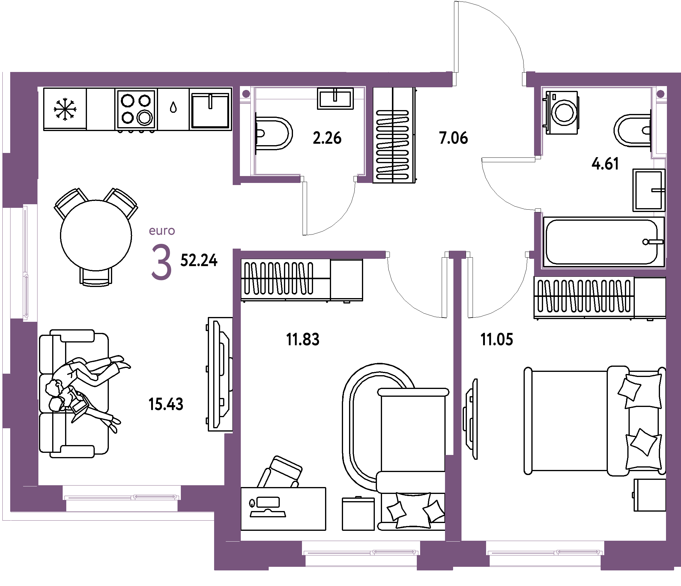 Планировка: Евротрёшка 52,24 м² в ЖК «Домашний»