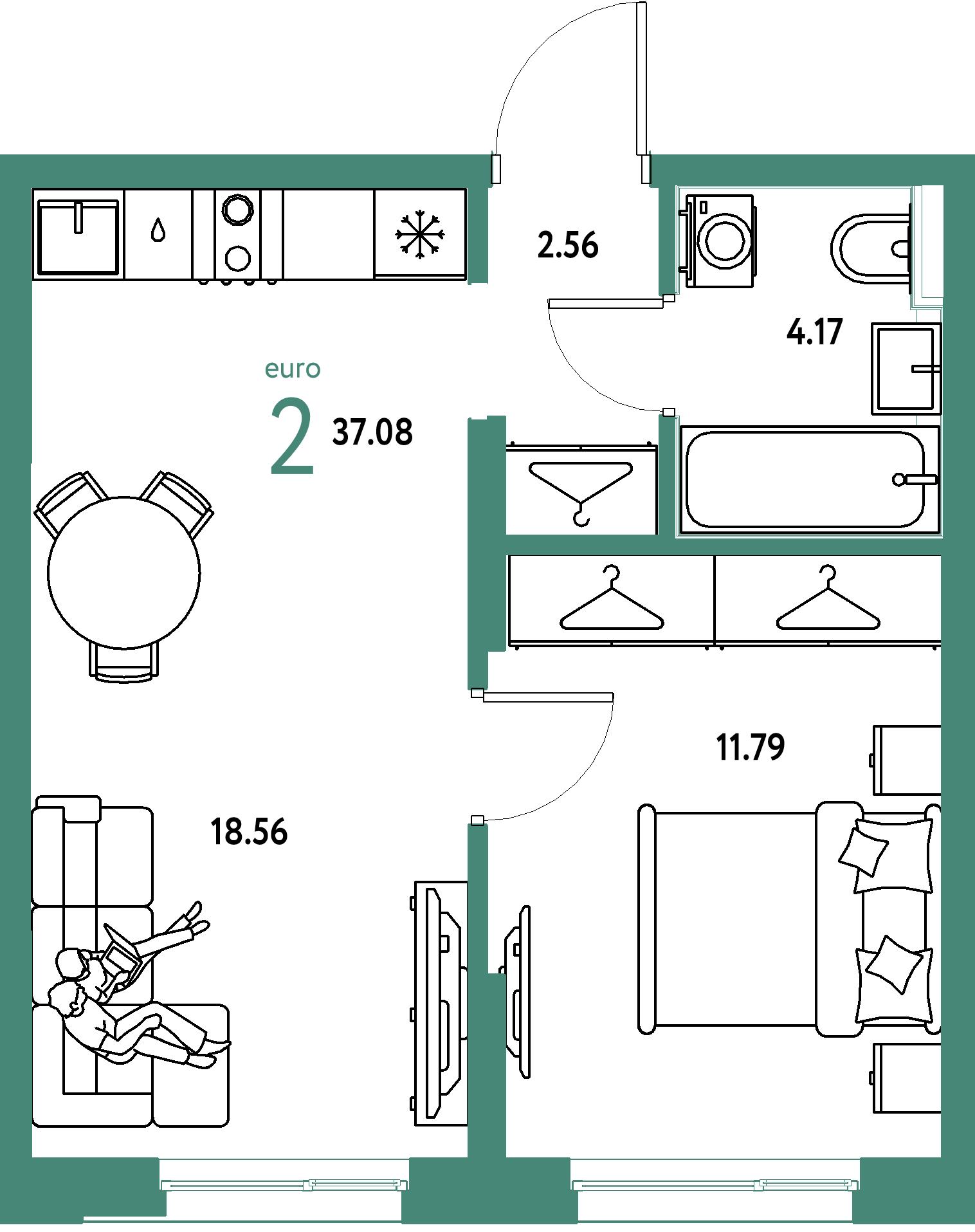 Планировка: Евродвушка 37,08 м² в ЖК «Страна.Прибрежная»
