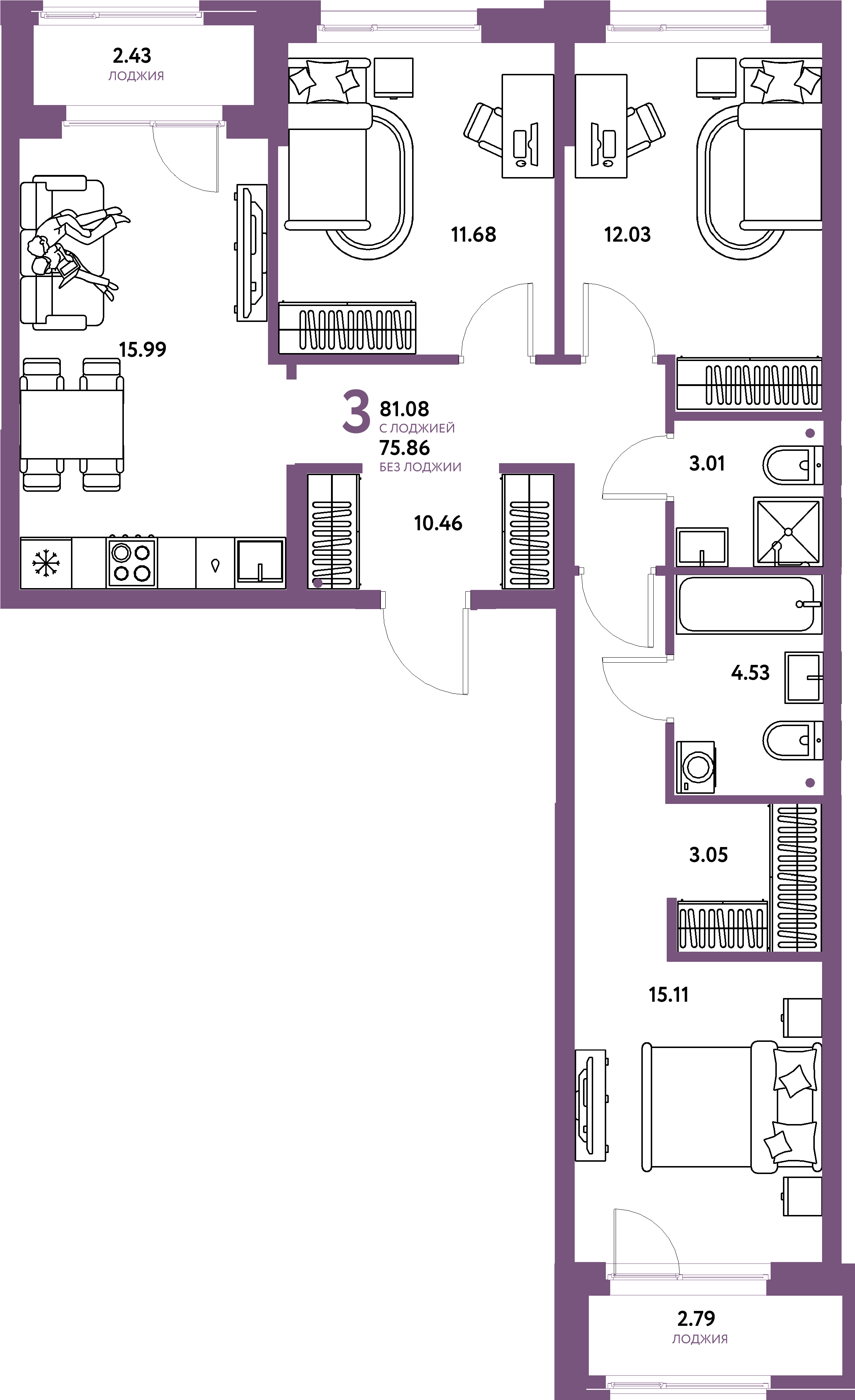 Планировка: 3-комнатная 81,08 м² в ЖК «Европейский берег 2.0»