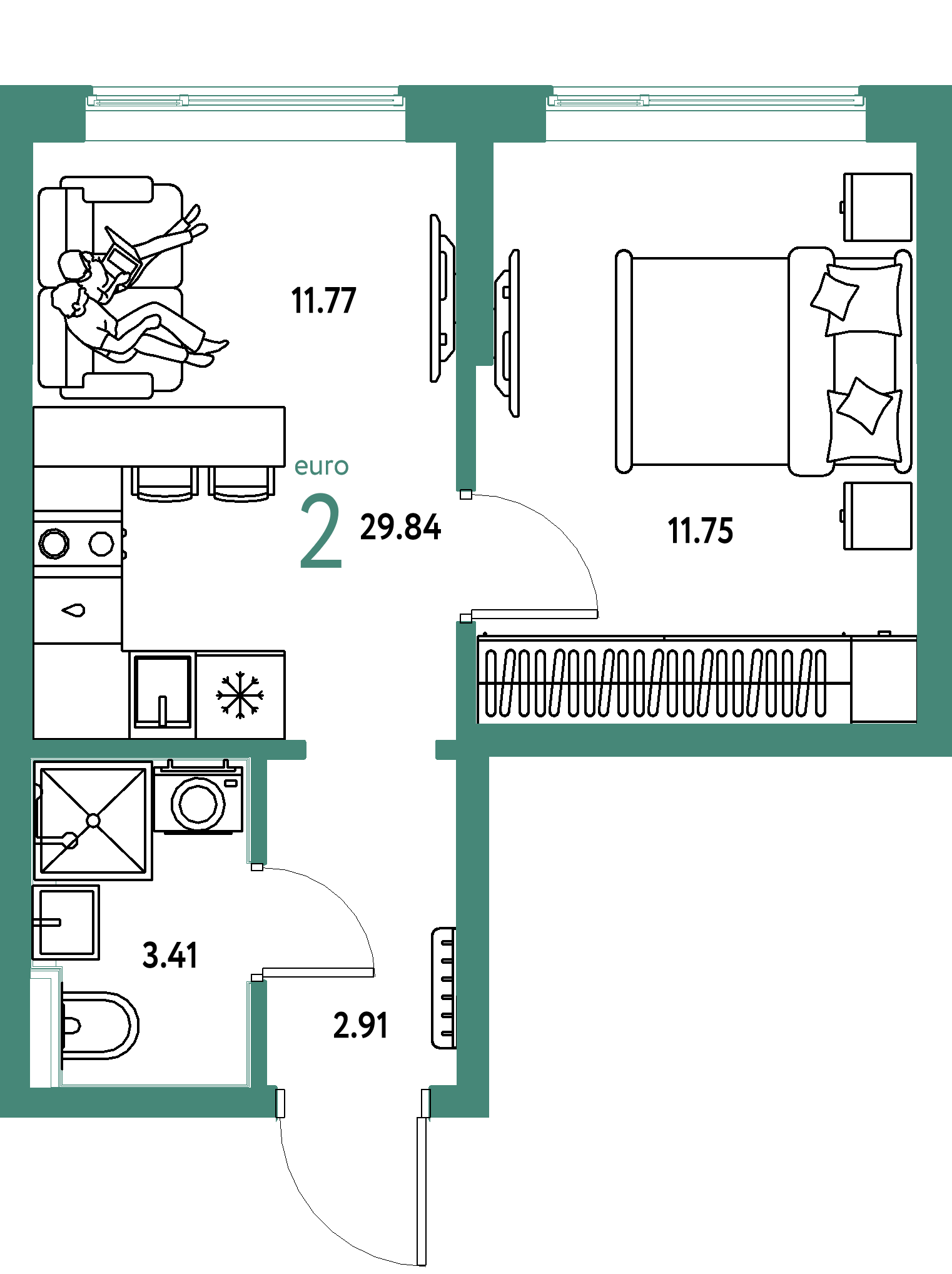 Планировка: Евродвушка 29,84 м² в ЖК «Остров-сад»
