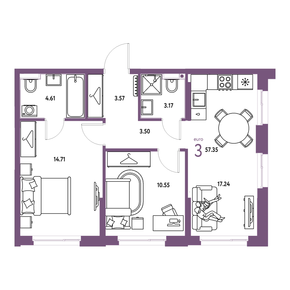 Планировка: Евротрёшка 57,35 м²