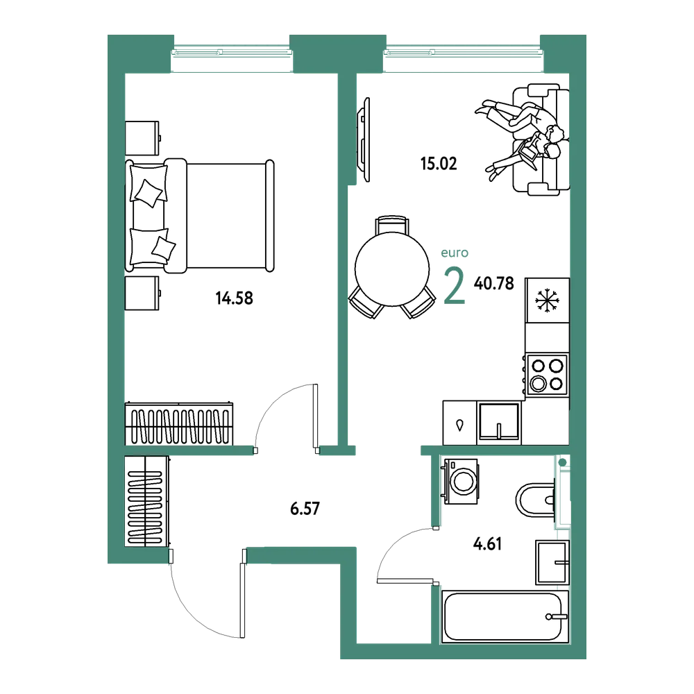 Планировка: Евродвушка 40,78 м²