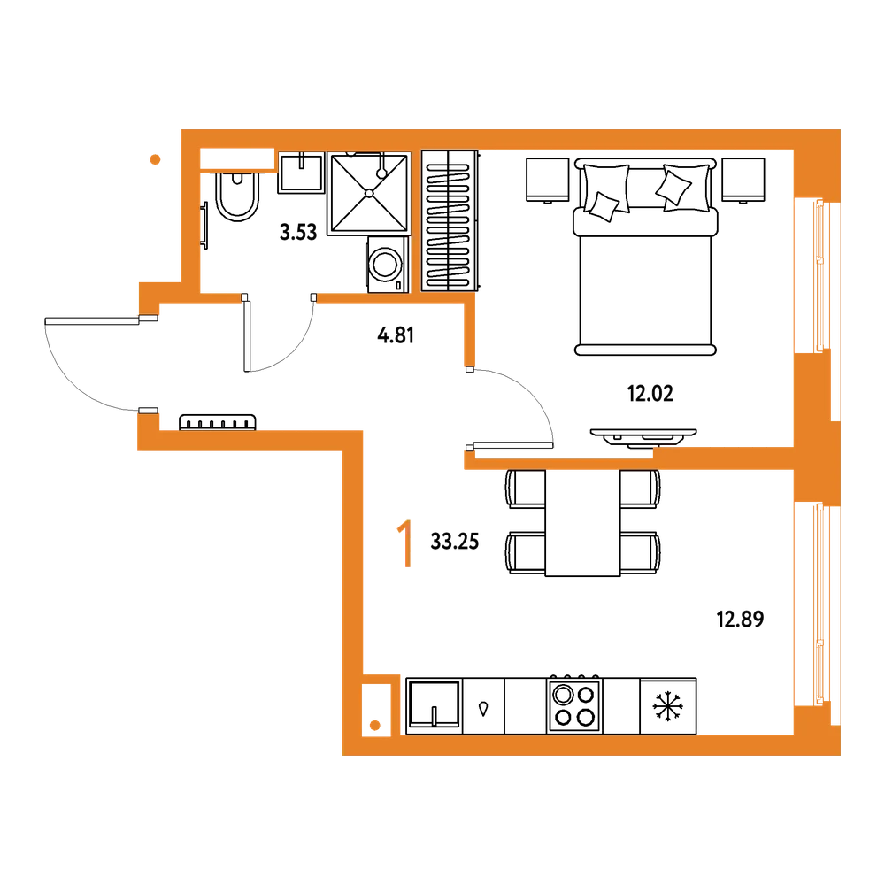 Планировка: 1-комнатная 33,25 м²