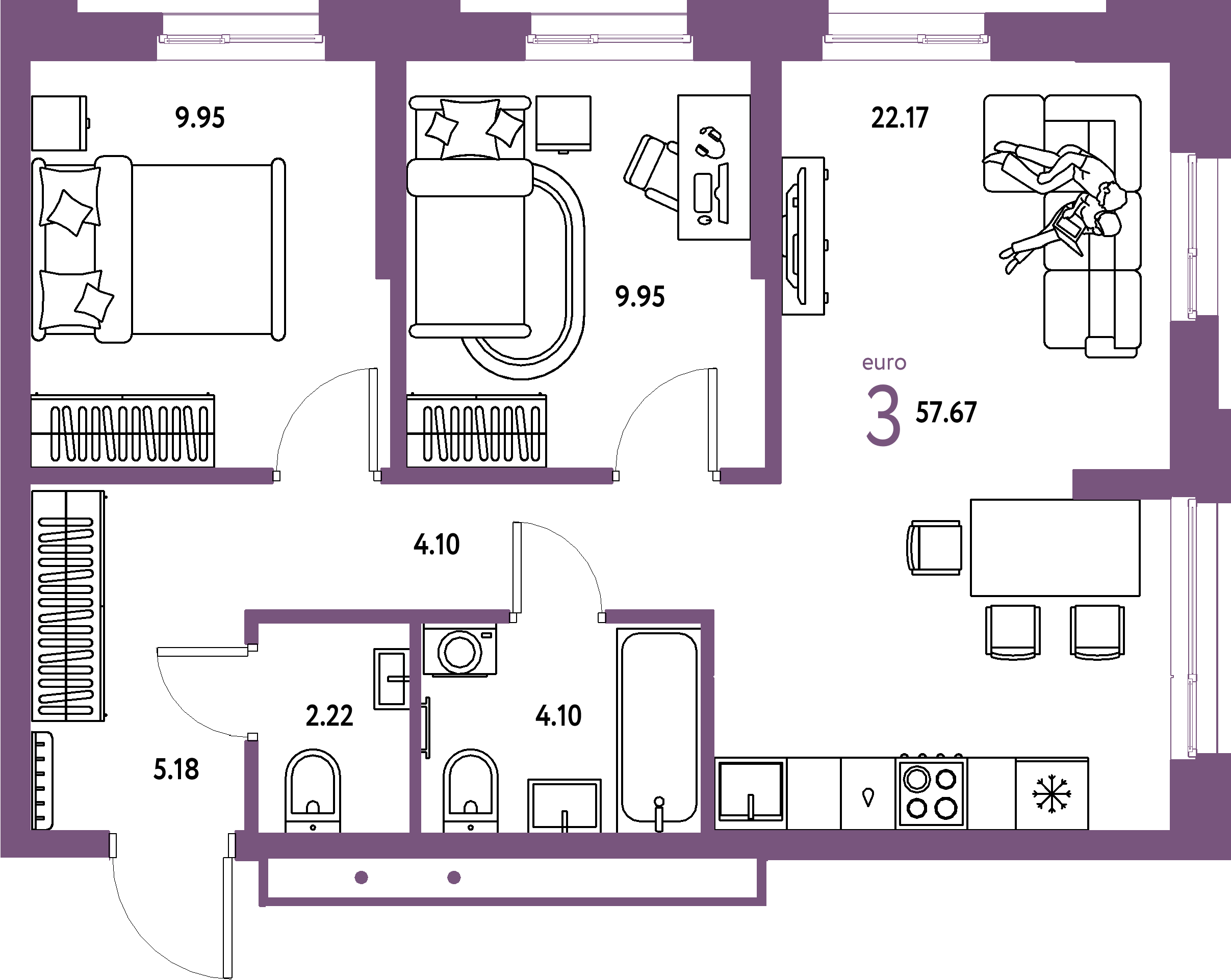 Планировка: Евротрёшка 57,67 м² в ЖК «Домашний»