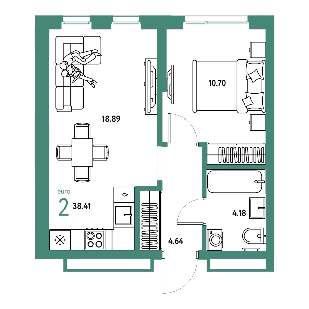 Планировка: Евродвушка 38,41 м²