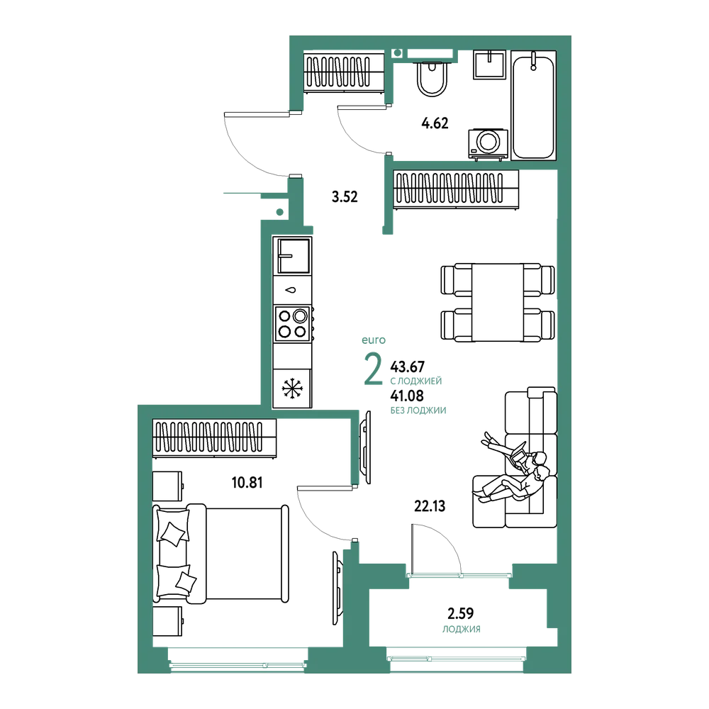 Планировка: Евродвушка 43,67 м²