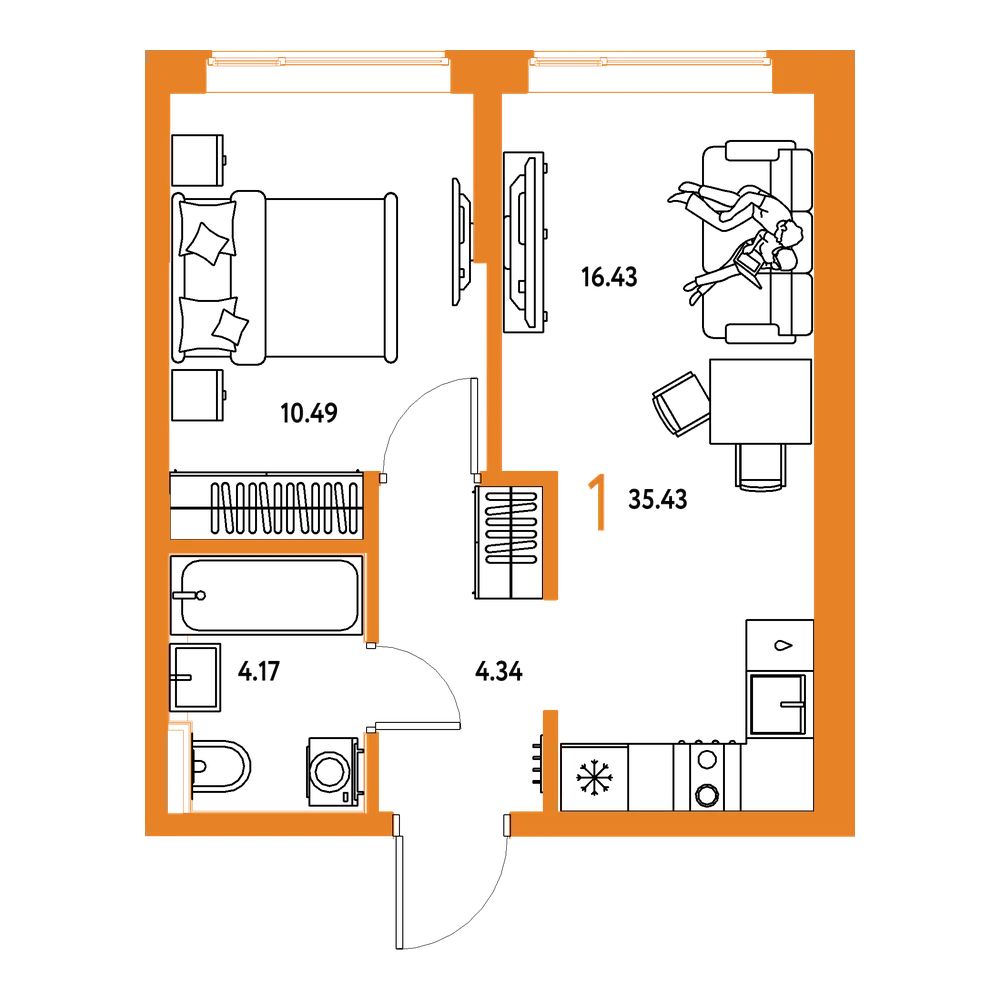 Планировка: 1-комнатная 35,43 м²