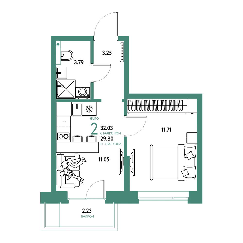 Планировка: Евродвушка 32,03 м²