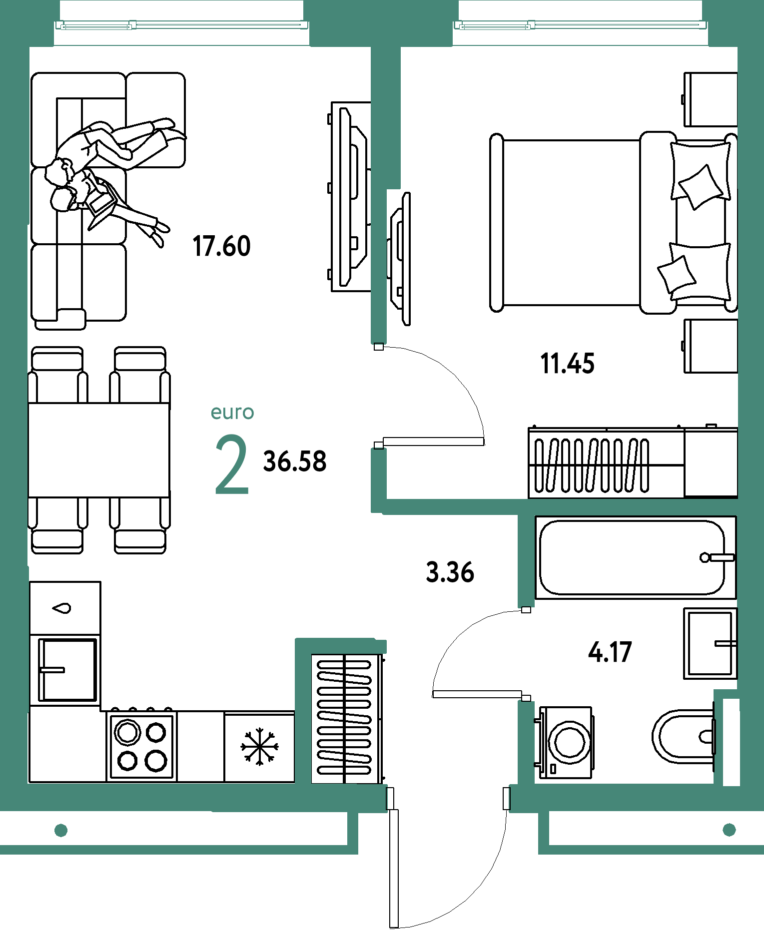 Планировка: Евродвушка 36,58 м² в ЖК «Страна.Прибрежная»