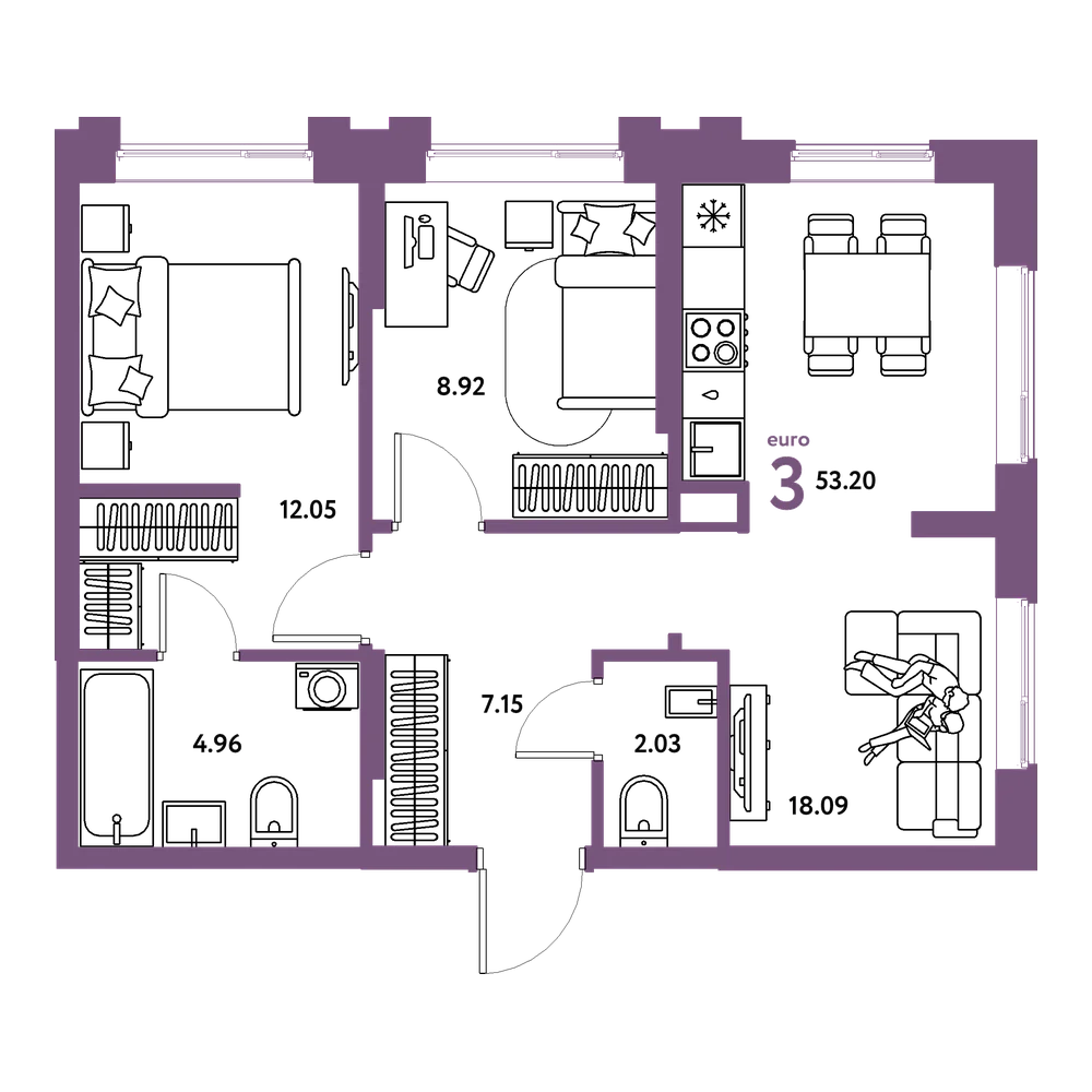 Планировка: Евротрёшка 53,2 м²