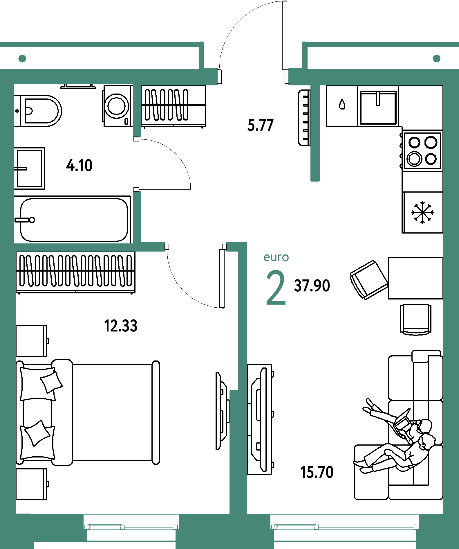Планировка: Евродвушка 37,9 м² в ЖК «Домашний»