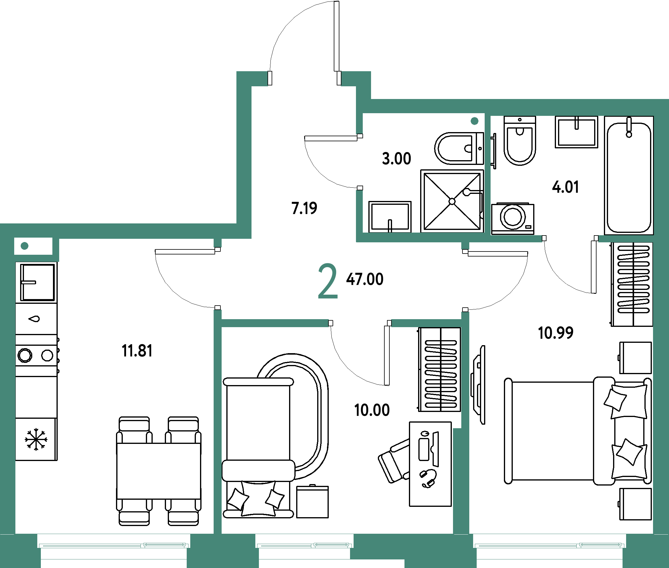 Планировка: 2-комнатная 47 м² в ЖК «Домашний»