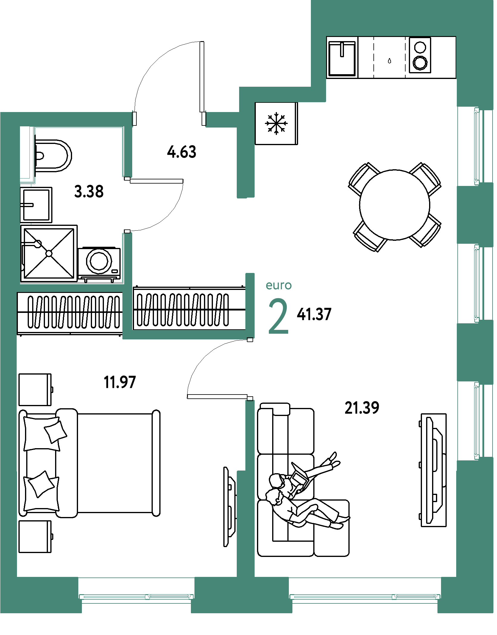 Планировка: Евродвушка 41,37 м² в ЖК «Остров-сад»