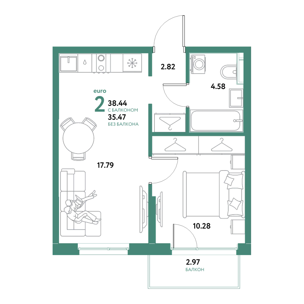 Планировка: Евродвушка 38,44 м²