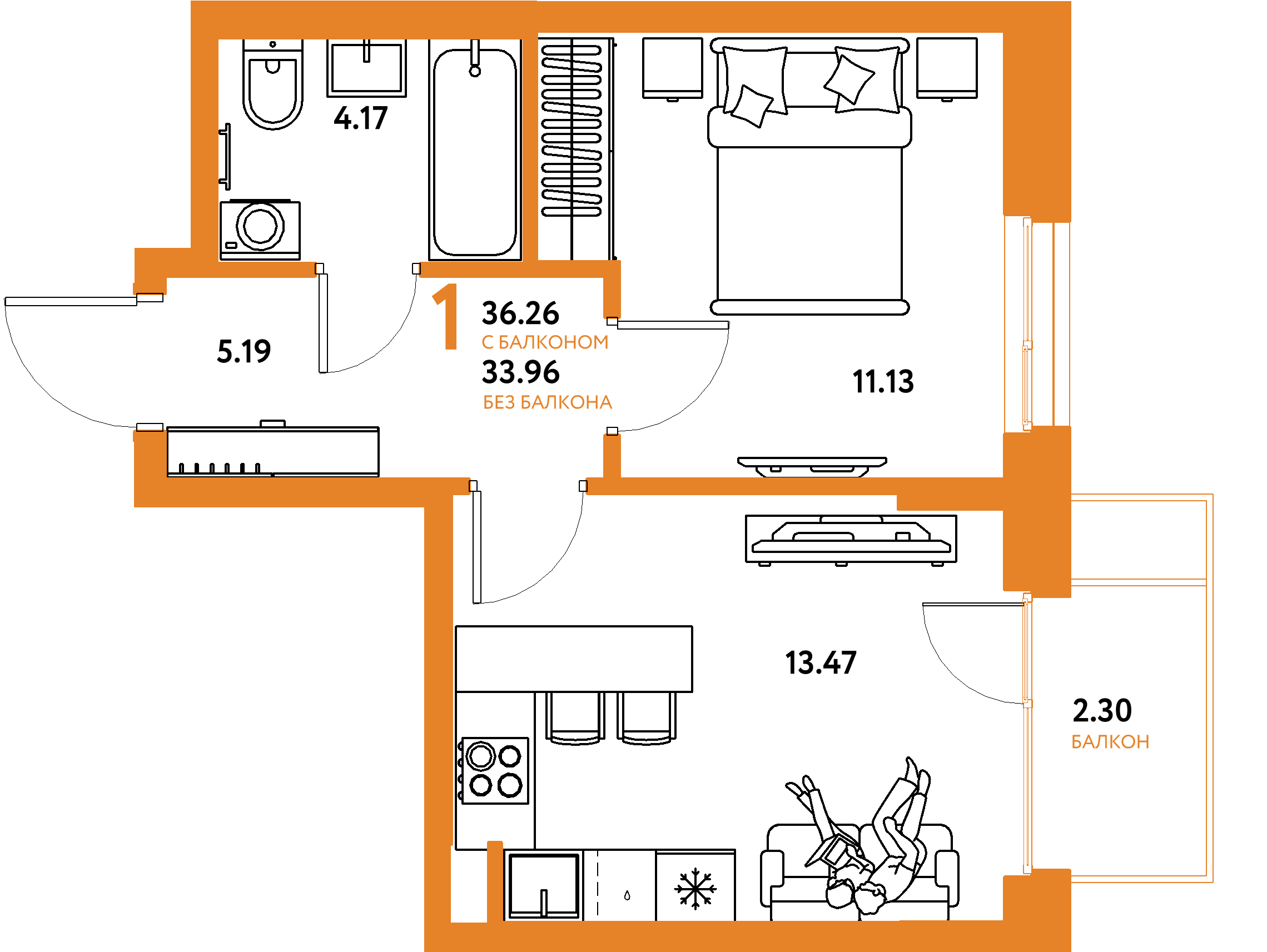 Планировка: 1-комнатная 36,26 м² в ЖК «Европейский берег 2.0»