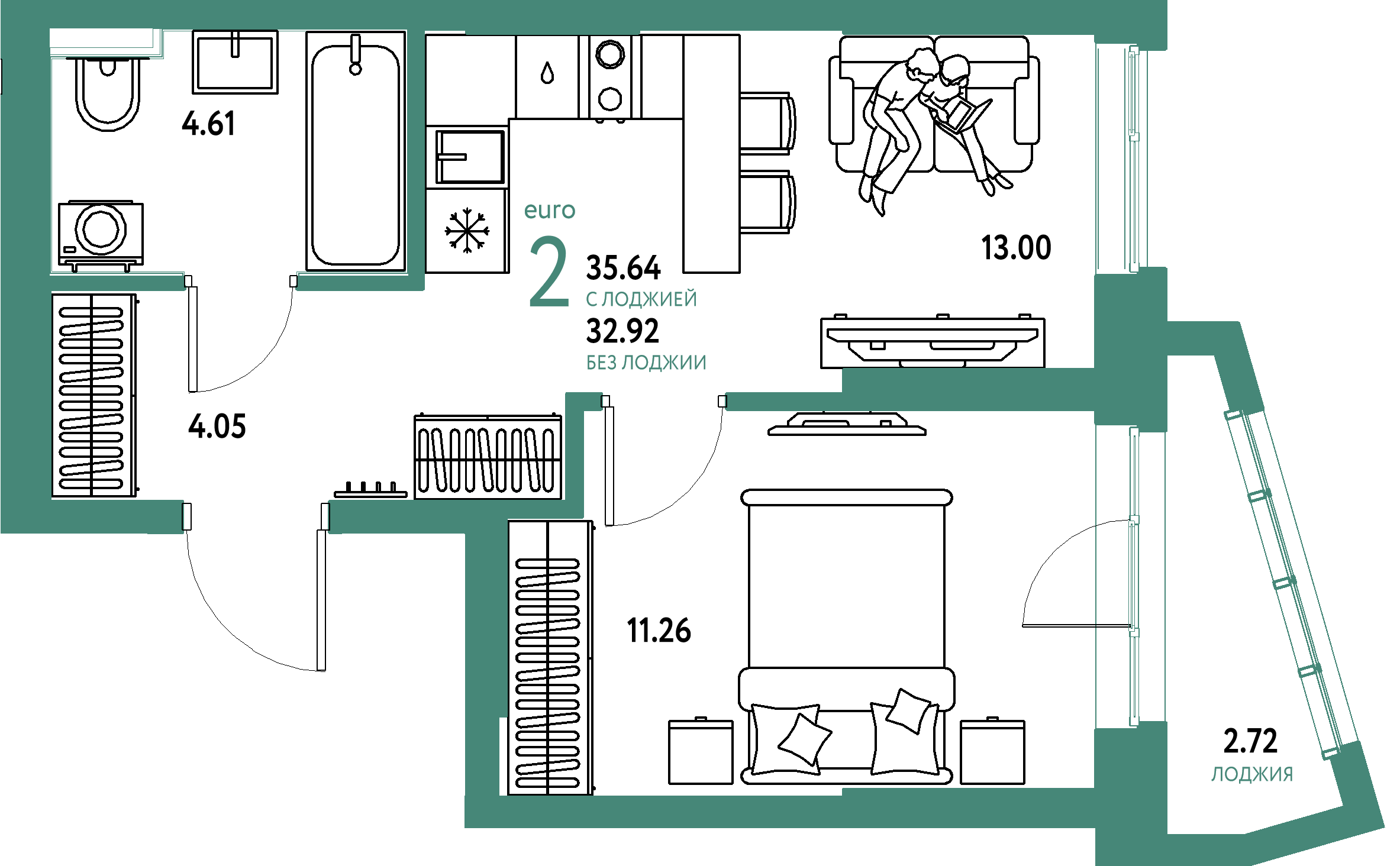 Планировка: Евродвушка 35,61 м² в ЖК «Остров-сад»
