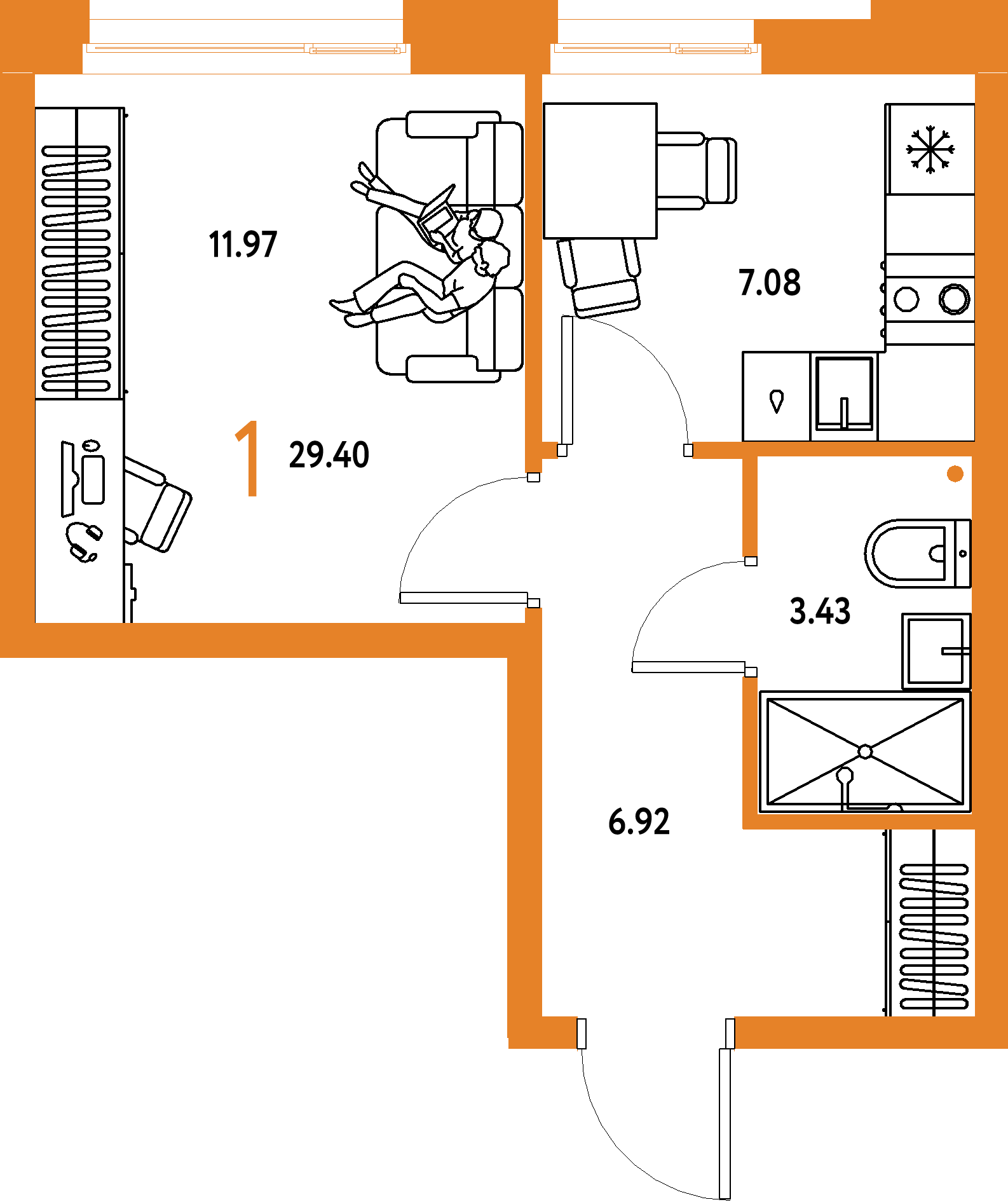Планировка: 1-комнатная 29,4 м² в ЖК «Домашний»