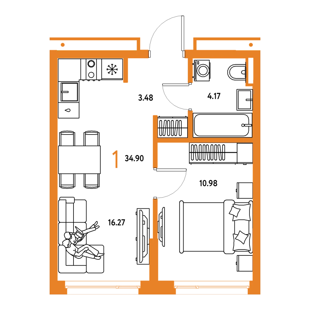 Планировка: 1-комнатная 34,9 м²