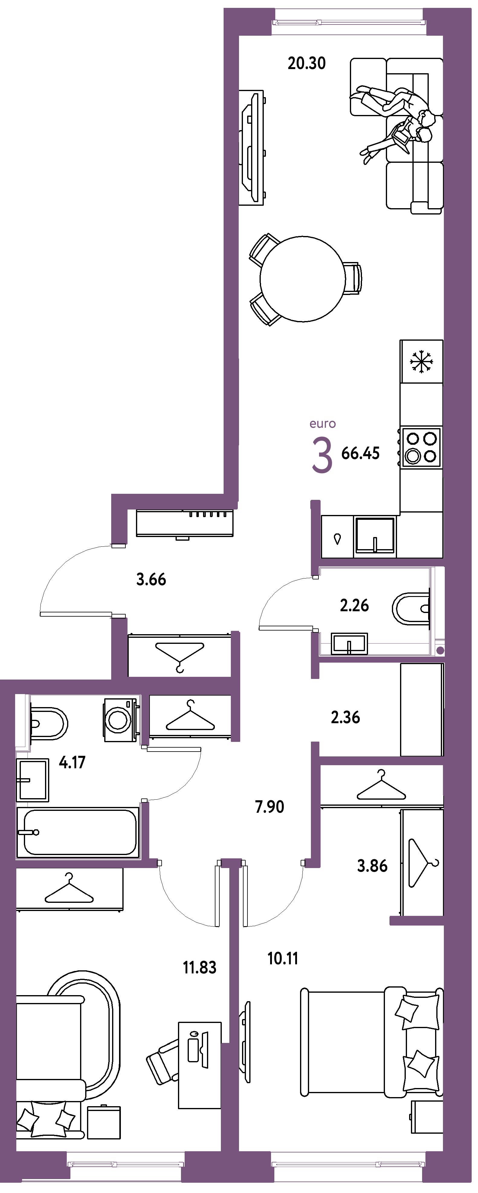 Планировка: Евротрёшка 66,45 м² в ЖК «Страна.Прибрежная»