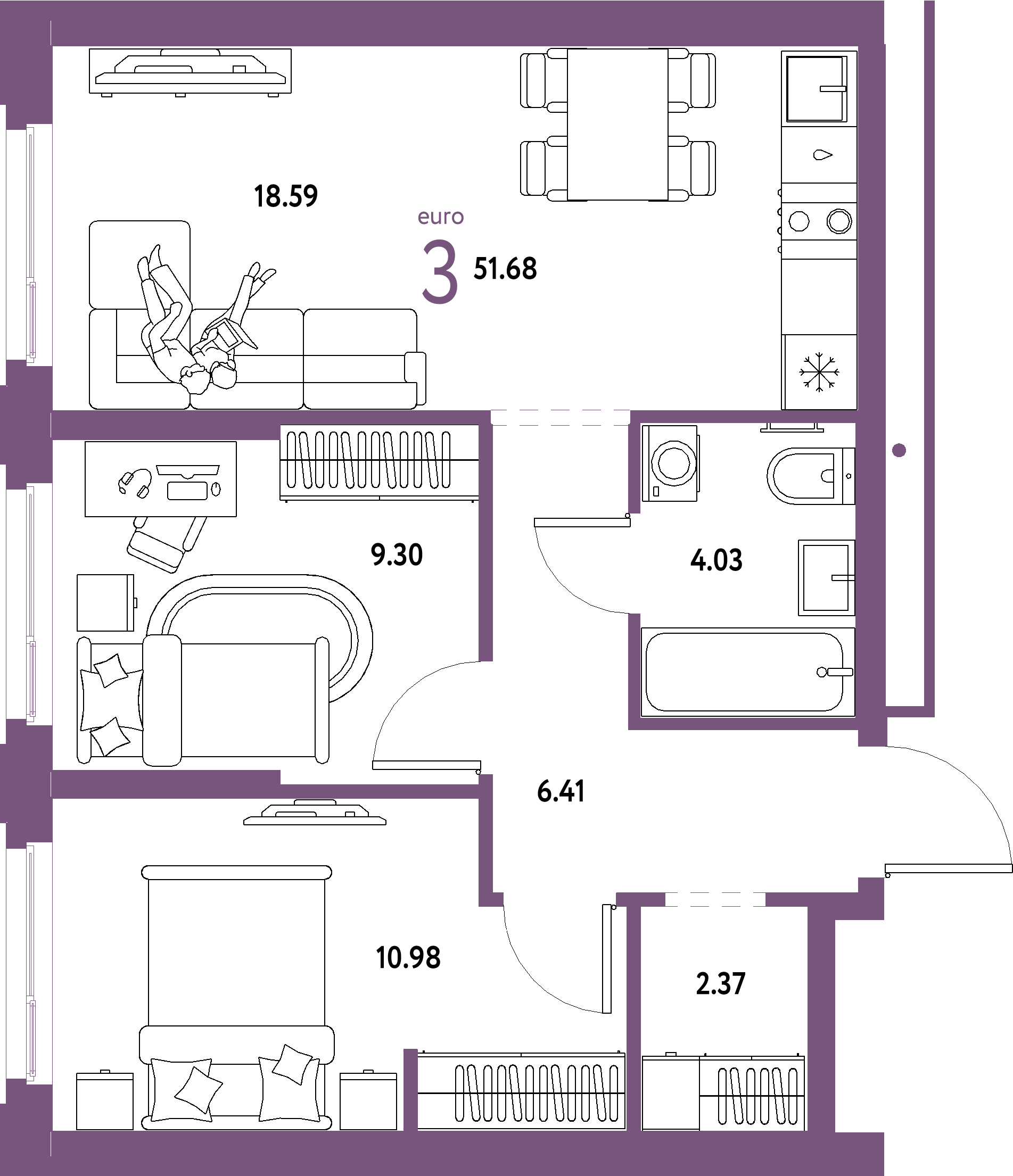 Планировка: Евротрёшка 51,68 м² в ЖК «Домашний»