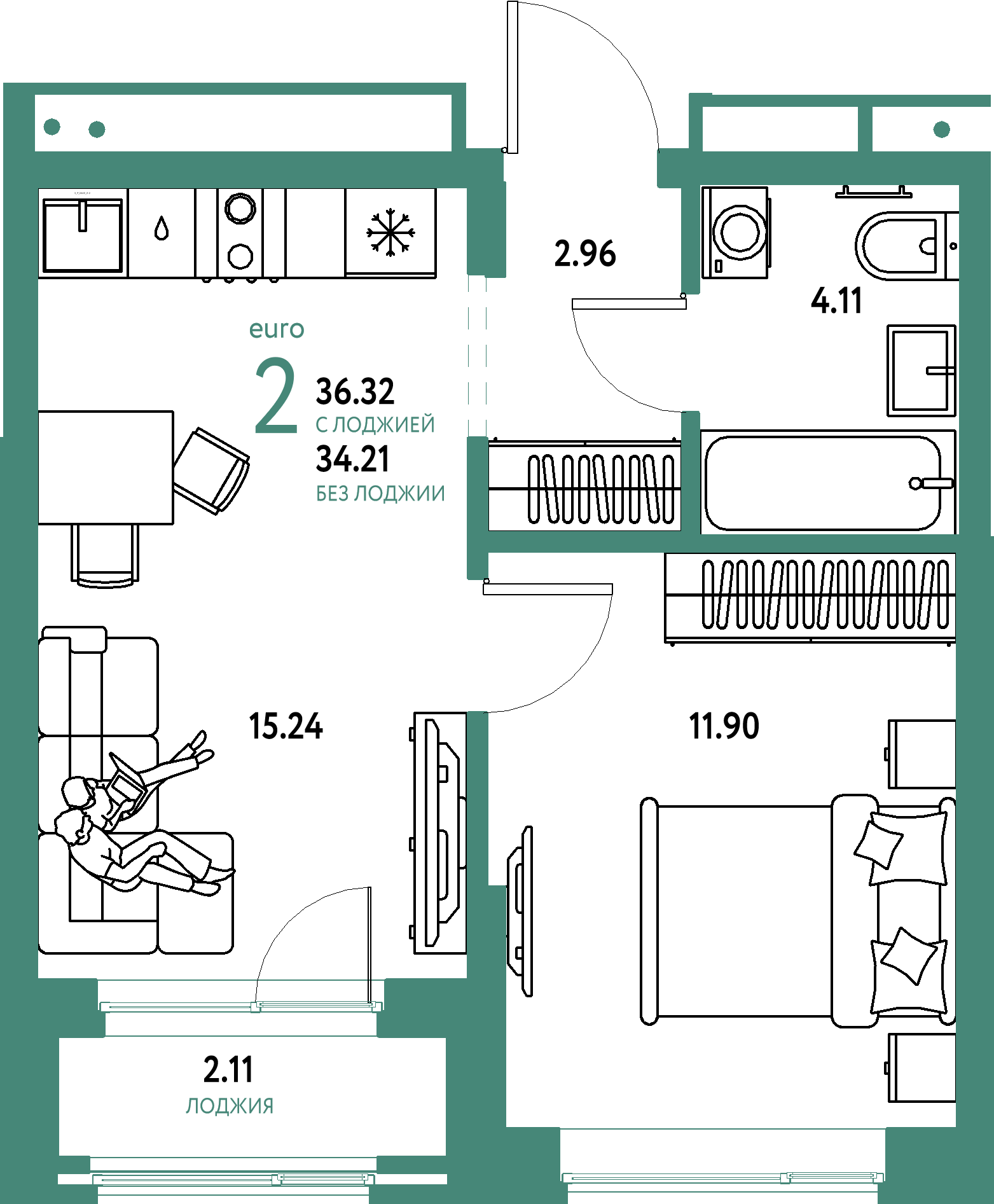 Планировка: Евродвушка 36,32 м² в ЖК «Домашний»