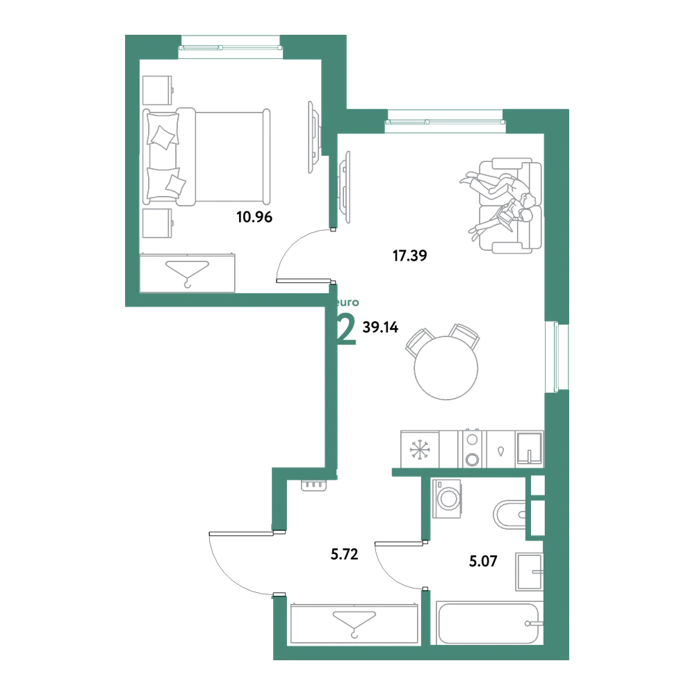 Планировка: Евродвушка 39,14 м²