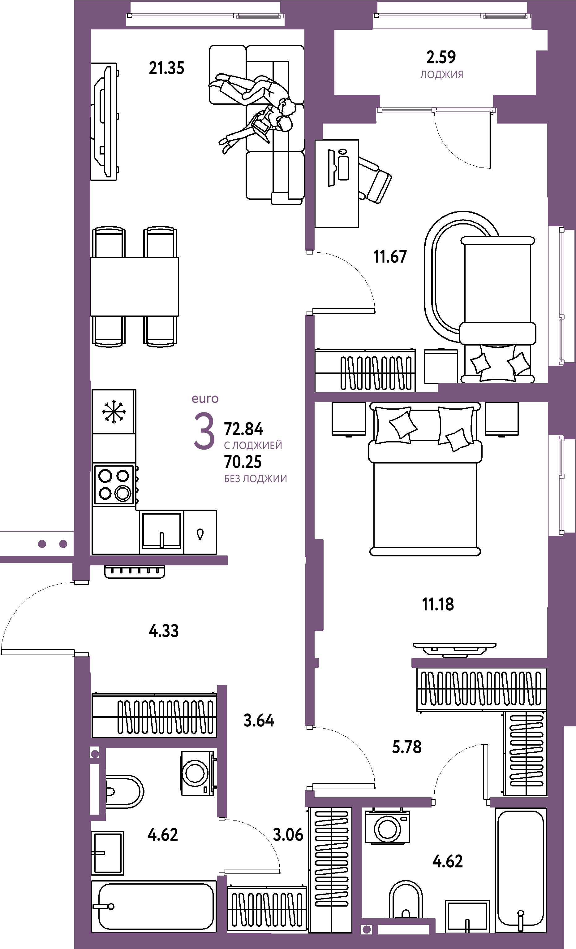 Планировка: Евротрёшка 72,84 м² в ЖК «Страна.Прибрежная»