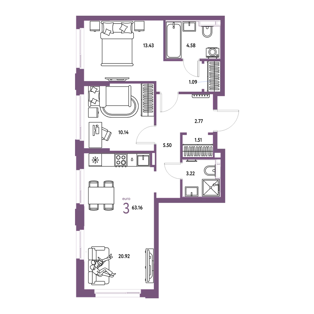 Планировка: Евротрёшка 63,16 м²