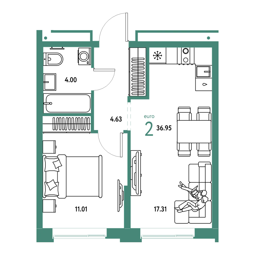 Планировка: Евродвушка 36,95 м²