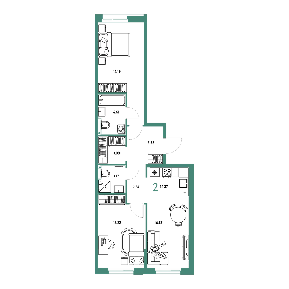 Планировка: 2-комнатная 64,37 м²