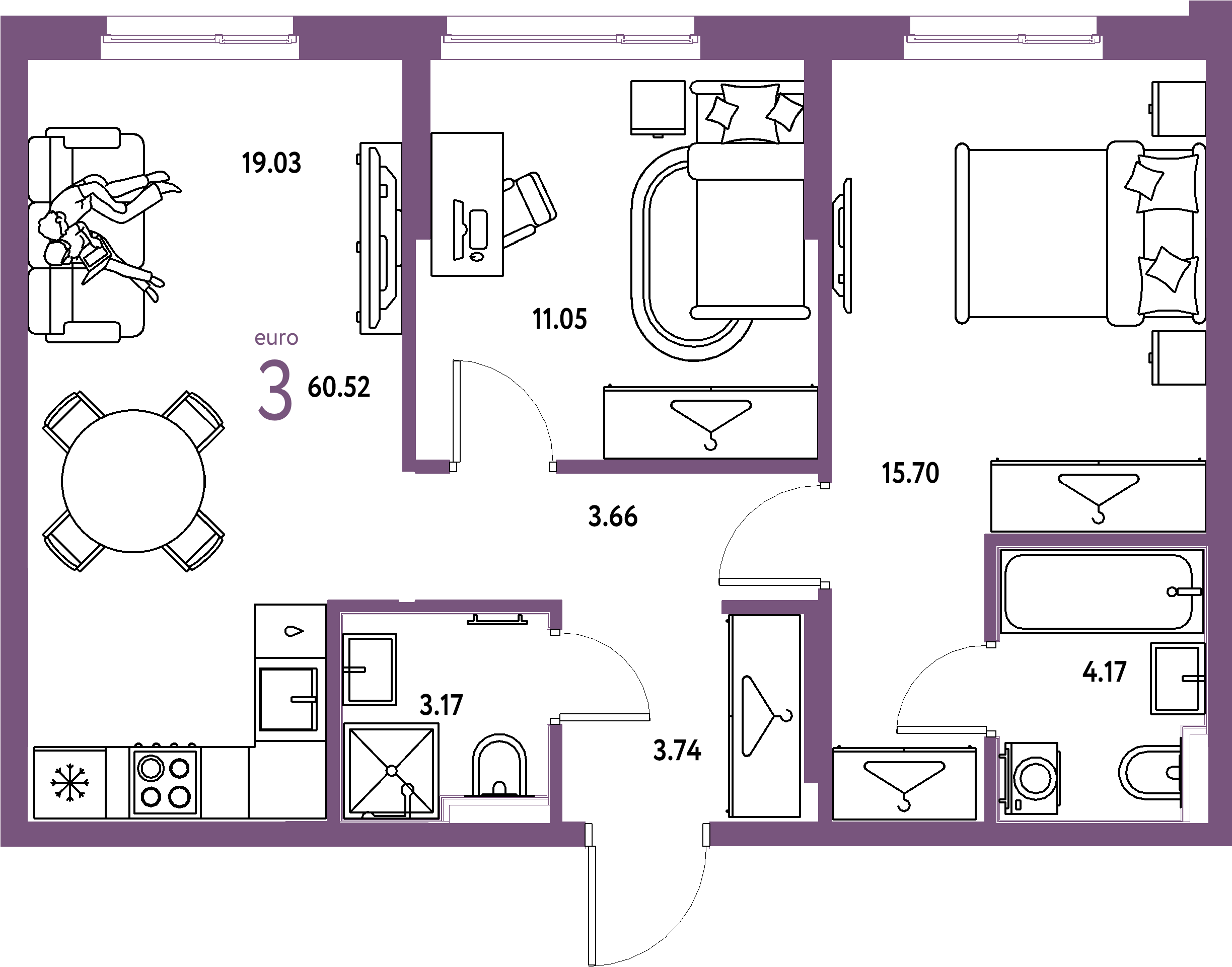 Планировка: Евротрёшка 60,52 м² в ЖК «Европейский берег 2.0»