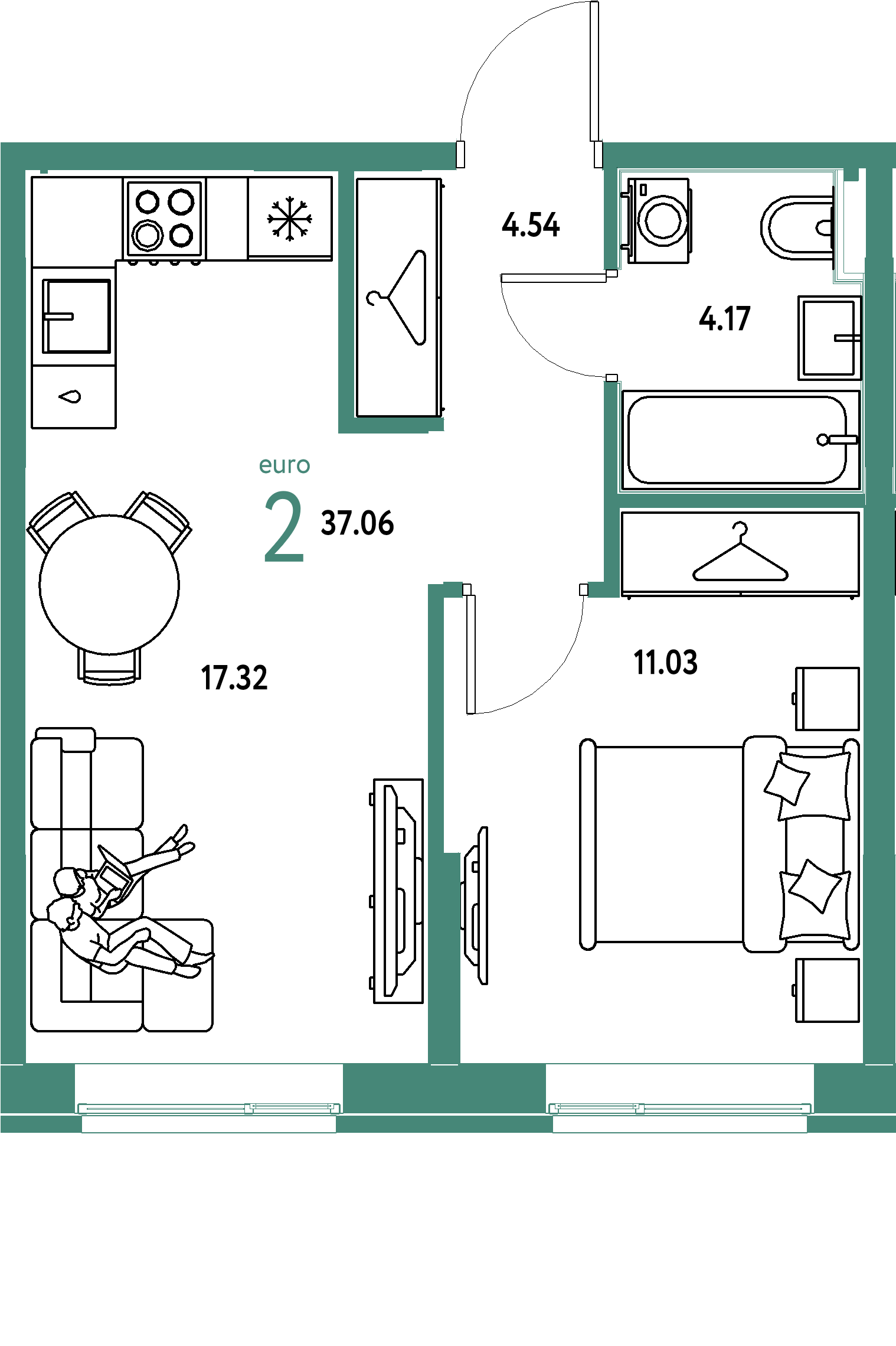 Планировка: Евродвушка 37,06 м² в ЖК «Европейский берег 2.0»