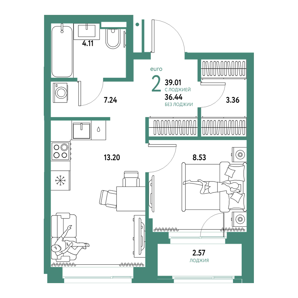 Планировка: Евродвушка 39,01 м²